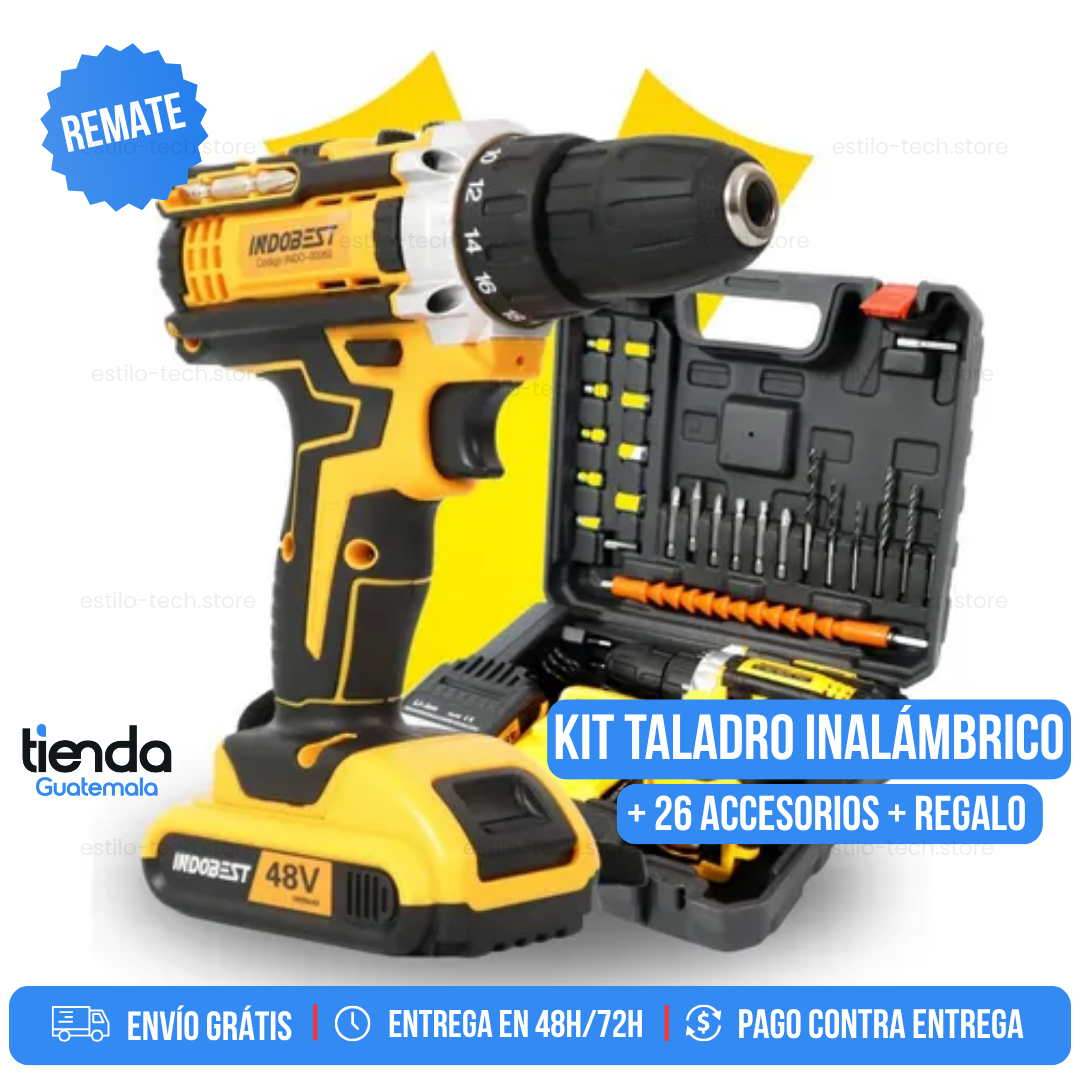 KIT TALADRO INALÁMBRICO ATORNILLADOR TT + 26 ACCESORIOS + 2 BATERIAS REGALO (Cópia)