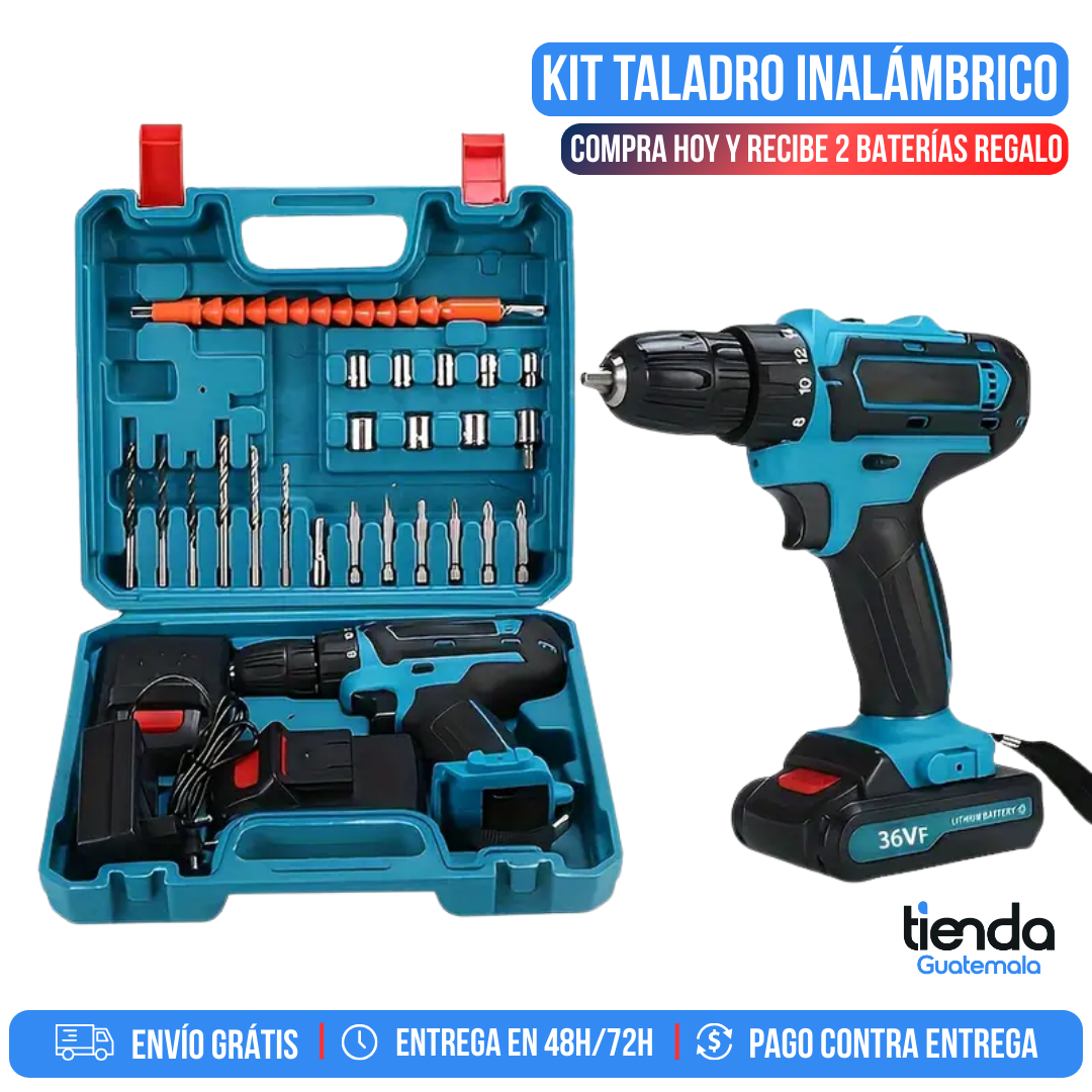 KIT TALADRO INALÁMBRICO + 26 ACCESORIOS + 2 BATERIAS REGALO